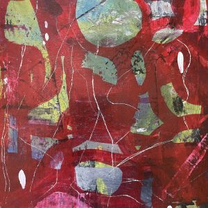 dark red background with various shapes in green, yellow and bluey with white scratches joining some of the shapes together