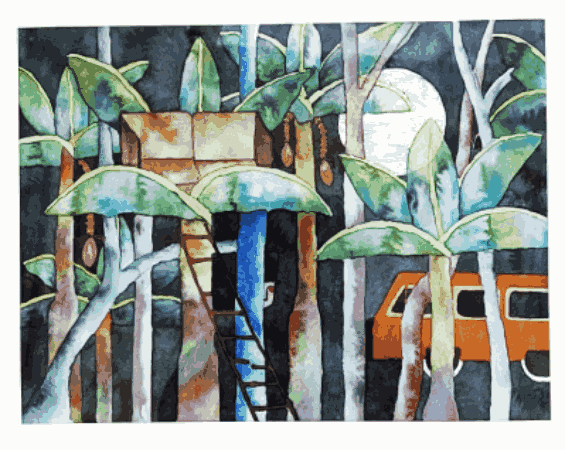 A line of palm trees of various heights with a ladder one third of the way in leaning against one palm tree. Above and in the tree is a brown setee Half of a persons face is peering out from behind a tree. On the right close to the top is a white moon and below that behind the trees is an orange surf bus