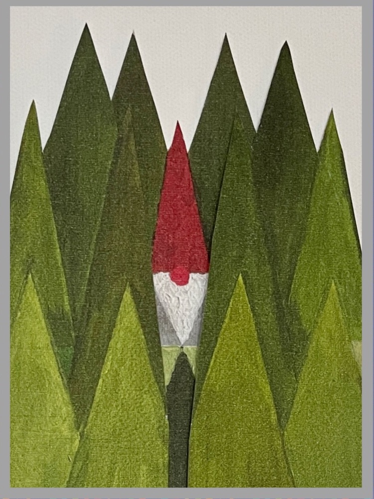 red hatted gone looking out between pointy christmas trees